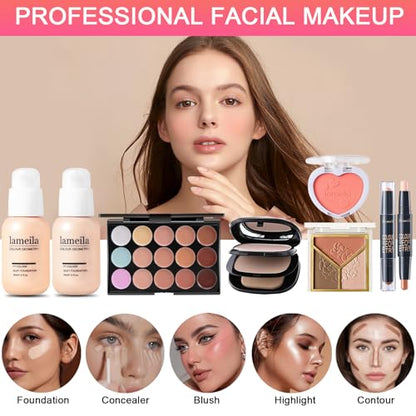 All in One Makeup Kit for Women Full Kit, Professional Travel Makeup Kit for Women & Teens, Foundation Eyeshadow Lipstick Brow Pencil Eyeliner Contour Powder, Complete Make Up Gift Set for Beginners