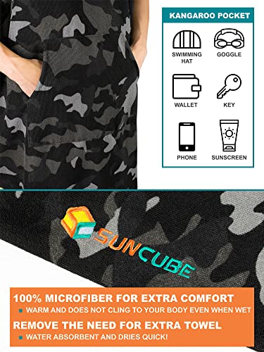 SUN CUBE Surf Poncho Changing Robe with Hood, Wetsuit Changing Hooded Towel | Thick Quick Dry Microfiber, Wetsuit Changing Towel, Surfing Beach Swim Outdoor Sports Cover Up, Adult Wearable Poncho - color: Camo Black