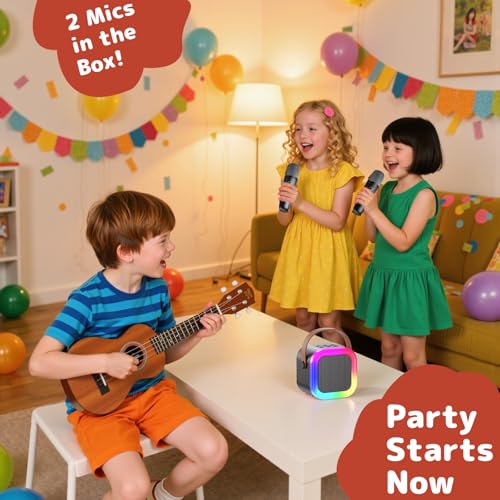 Karaoke Machine for Kids Adults, Mini Karaoke Machine with 2 Wireless Microphones, Portable Bluetooth Speaker with Voice Changing Effects & LED Lights, Best Gifts Toys for Girls and Boys - color: Black