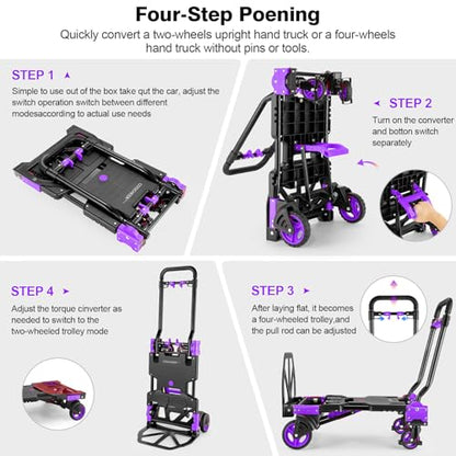 Folding Hand Truck Dolly, 330lb Convertible 4 to 2 Wheel Moving Cart,Purple | Dolly Cart with Retractable, Aluminum Alloy & Cast Iron Build, Nylon Wheels,Compact Fold,for Moving,Office,Delivery,Outdoor - size: 330LB Purple