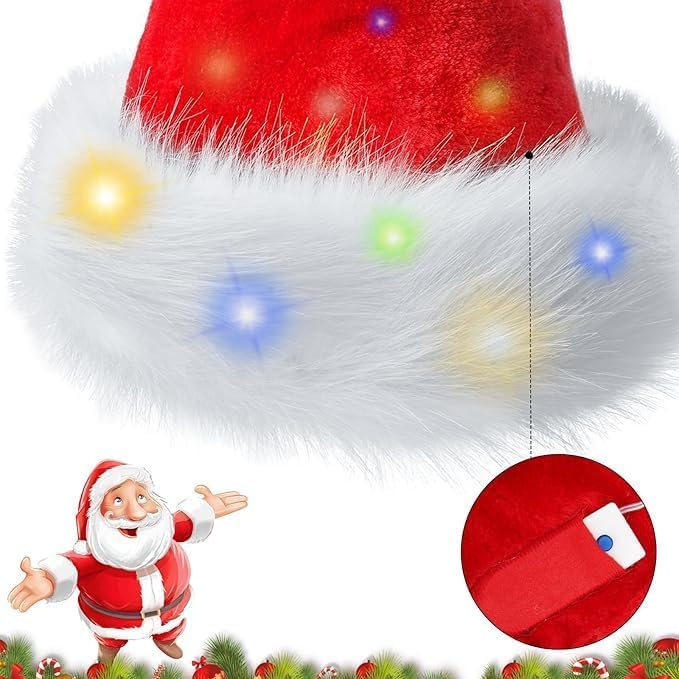 Christmas Hat for Adults/Kids/Baby, Santa Hats Unisex, Red Velvet Thicken Holiday Xmas Hat for Festive New Year Party - color: Red - Led Light