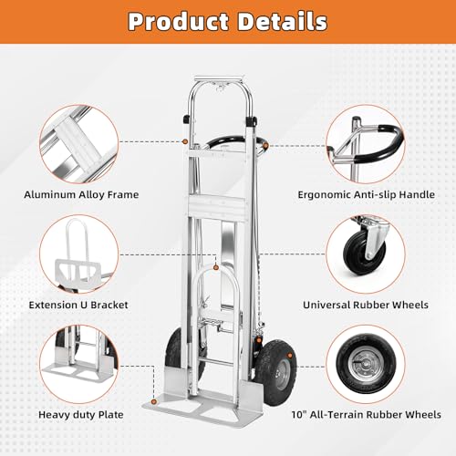 Aluminum 4 in 1 Convertible Hand Truck Dolly, 1000Lbs Capacity, Heavy Duty Folding Hand Truck Dolly Cart with Wheels 10" All-Terrain Tires, Hand Trucks for Logistics, Home, Office, School, Silver - color: Silver