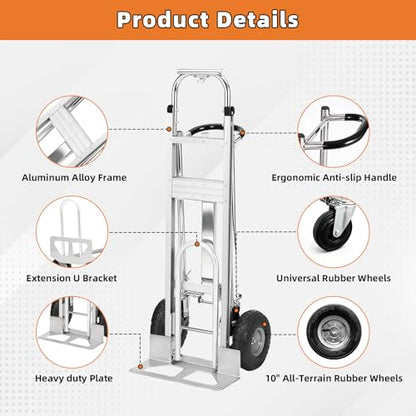 Aluminum 4 in 1 Convertible Hand Truck Dolly, 1000Lbs Capacity, Heavy Duty Folding Hand Truck Dolly Cart with Wheels 10" All-Terrain Tires, Hand Trucks for Logistics, Home, Office, School, Silver - color: Silver