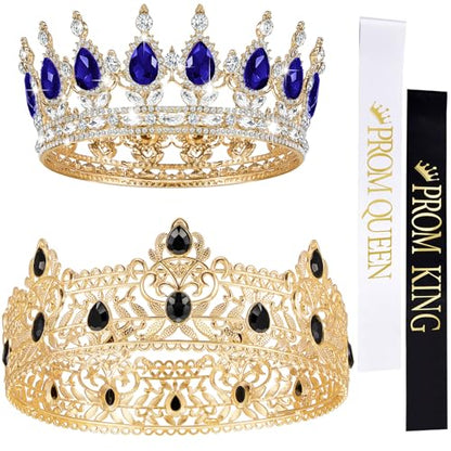 4 Pieces Prom King and Queen Crowns Set with Sashes Valentine's Day Carnival Birthday Wedding Costume Accessories Gold King Crown for Men Women Prom(M,Royalblue and White Diamond) - color: Royalblue and White Diamond