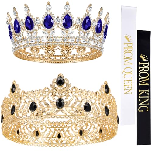 Juexica 4 Pcs Prom King Queen Crowns Gold, M, Royalblue and White Diamond | Gold Tiaras with AB Diamond Stones, Sashes Included, Royalty Crowns for Homecoming Birthday Halloween Wedding Party Costume - color: Royalblue and White Diamond
