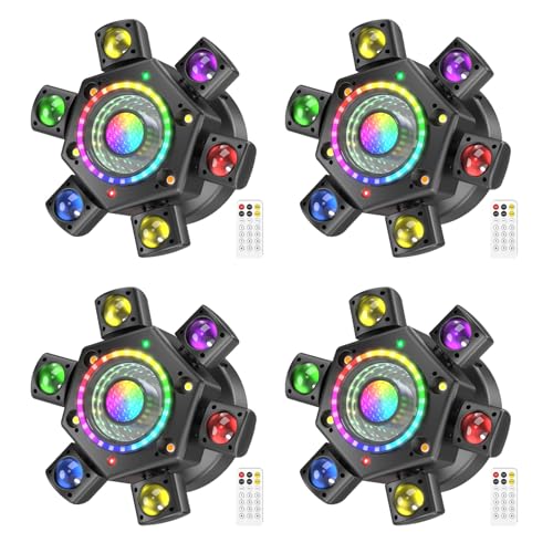 4Pcs Moving Head DJ Lights,5 in 1 Stage Party Lights with RGBW Halo Ring 6 Arms Beam,Red Green Starry,Pattern White & Amber Strobe Effects,Sound Activated DMX512 & Remote for Disco Club Wedding Bar - color: 4 Pack