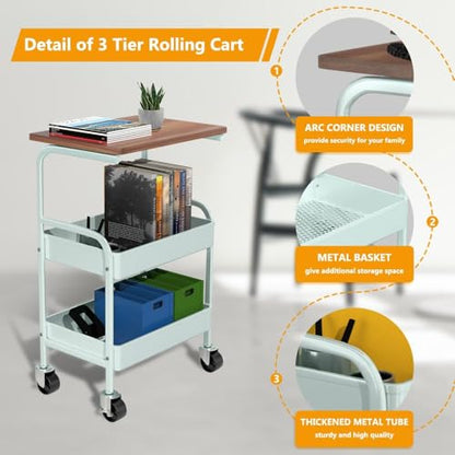 Rolling Cart with Wooden Tabletop, 3 Tier Metal Utility Cart, Rolling Storage Organizer Cart with Lockable Wheels for Kitchen, Office, Bedroom (Green) - color: Green