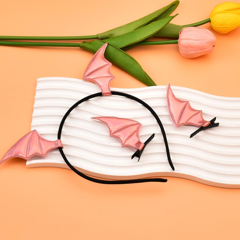Guqqeuc Halloween Bat Headband Hair Clips Set for Women Girls Bat Wing Hairbands Halloween Hair Barrettes Set for Girls Pink Halloween Hair Accessories for Cosplay Costume Decorations