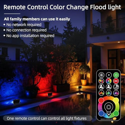 HEKEE LED Flood Light Outdoor, 50W RGB Color Changing Floodlight with Remote Control, RGBW 120 Colors, 2700K, 5000 Lumens, IP66 Waterproof, DIY Strobe Mode, Timing, for Halloween/Christmas (2 Pack)