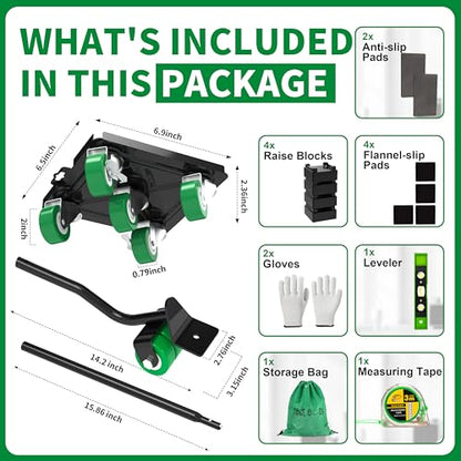Heavy Duty Furniture Dolly 360 Rotate 5 Wheels 3400 Lbs Capacity 6.9x6.5 in | Upgraded Furniture Movers with Green Wheels, Measure Tape & Leveler, Alloy Steel Furniture Lifter Tool for Home & Office Uses - color: Green, size: 6.9x6.5 IN