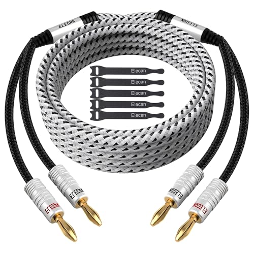 Elecan 14 AWG Speaker Cable Wire 12 Feet with Gold-Plated Banana Tip Plugs-CL2 Rated-in Wall-Heavy Duty Nylon Braided, Oxygen-Free Copper (OFC)-White-with 5 Cable Ties - size: 12FT