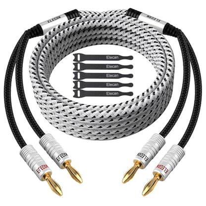 Elecan 14 AWG Speaker Cable Wire 12 Feet with Gold-Plated Banana Tip Plugs-CL2 Rated-in Wall-Heavy Duty Nylon Braided, Oxygen-Free Copper (OFC)-White-with 5 Cable Ties - size: 12FT