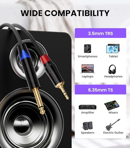 1/4 to 1/8 Stereo Audio Cable Mono to Stereo Patch Cord, 6.6FT | Gold Plated 3.5mm TRS Stereo to 1/4 Inch TS Mono Aux Jack Adapter Cable With Nylon Braid Jacket for Laptop Amplifier - size: 6.6 feet
