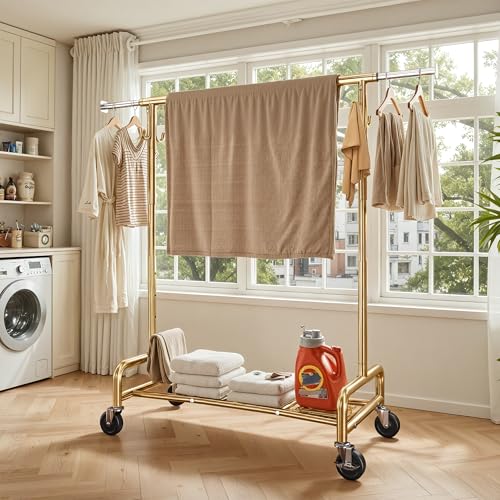 Raybee 75"W Heavy Duty Clothes Rack 450 LBS Rolling Garment Rack with Shelf | Extra Wide, Expandable, Height Adjustable, Tool-free Assembly, 360° Lockable Wheels, Bedroom Laundry Room - color: Gold, style: Rod Shelf