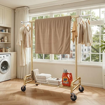 Raybee 75"W Heavy Duty Clothes Rack 450 LBS Rolling Garment Rack with Shelf | Extra Wide, Expandable, Height Adjustable, Tool-free Assembly, 360° Lockable Wheels, Bedroom Laundry Room - color: Gold, style: Rod Shelf