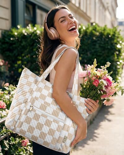 Miss Adola Quilted Shoulder Tote Bag with Zipper for Women | Multi-Pocket Storage, Quilted Cotton Texture, Large Capacity, Top Zipper Closure, 16 Inch Laptop Fit, Work Travel Teacher - color: Beige Checkered