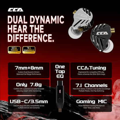 CCA Falcon 2 DD in Ear Monitor, 7.1 Spatial Audio Gaming Earbuds, HiFi Noise Isolating in Ear Headphones, Crystal Clear & Deep Bass IEMs for Gamers Singers Musicians Audio Engineers - color: Silver
