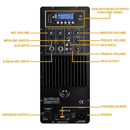 RECK Party 12 12-Inch 1000 Watts 2-Way Powered PA Speaker System Combo Set with Bluetooth/USB/SD Card Reader/FM Radio/Remote Control/Speaker Stand