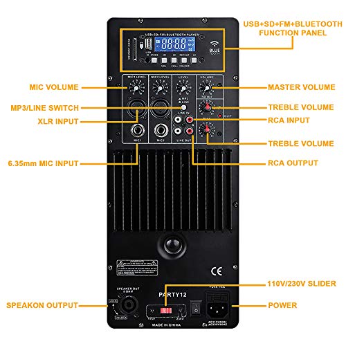 RECK Party 12 12-Inch 1000 Watts 2-Way Powered PA Speaker System Combo Set with Bluetooth/USB/SD Card Reader/FM Radio/Remote Control/Speaker Stand