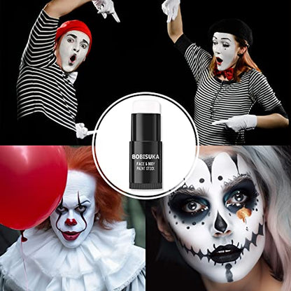 BOBISUKA White Face Paint Stick + Setting Powder+ 2 Paintbrushes Set, Clown Makeup Body Paint Eye Black Sticks for Sports, White Painting Kit for Halloween Skeleton Skull Special Effects SFX - color: White with Setting Powder & Brushes