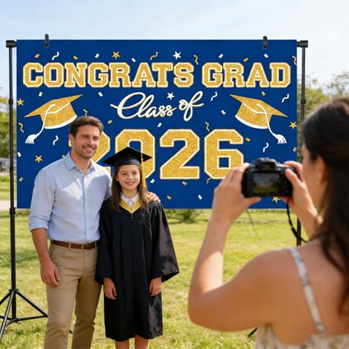 Blue Gold Graduation Backdrop 39x59 Inches, Class of 2026 Photo Booth Background for Commencement Party Decor - style: Blue Gold Backdrop