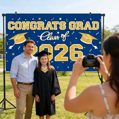 Blue Gold Graduation Backdrop 39x59 Inches, Class of 2026 Photo Booth Background for Commencement Party Decor - style: Blue Gold Backdrop