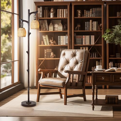 Scenekoy 68" Tall Floor Lamp with Wicker Drum Shade, Foot Switch Dimming - color: Dark Bronze