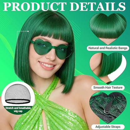 Short Bob Straight Hair Wigs with Bangs, Heat Resistant Fiber Hair, Heart-shaped Glasses for Women (Green) - color: Green