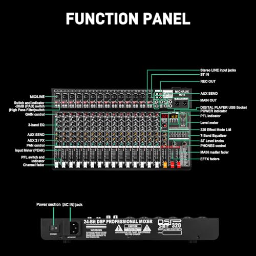 Audio Mixer 16 Channel Professional Sound Console Music Mixer with 320 DSP Effects, 7-band EQ DJ Mixing Board w/USB, Bluetooth, 48V Power Supply, PAD Button for Recording Karaoke PA Drum Live - size: 16 Channel - 21.8in