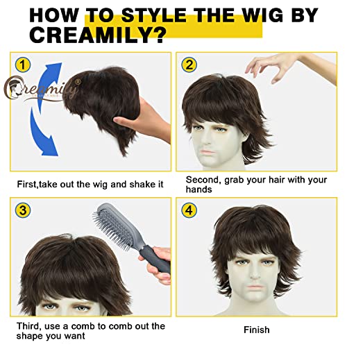 Creamily Mens Brown Wig Wolf Cut Mullet Wig Short Synthetic Hair Wigs Natural Looking Heat Resistant Fluffy Layered Mens Wigs for Halloween Cosplay Costume - color: H-Mullet Brown
