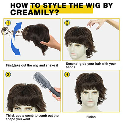 Creamily Mens Brown Wig Wolf Cut Mullet Wig Short Synthetic Hair Wigs Natural Looking Heat Resistant Fluffy Layered Mens Wigs for Halloween Cosplay Costume - color: H-Mullet Brown