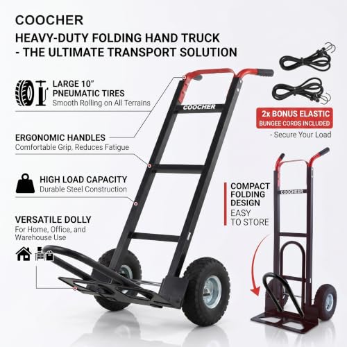 600lb Aluminum Hand Truck Heavy Duty Dolly, 10-Inch Pneumatic Tires,Cart - color: Red-2
