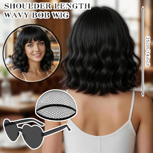 Black Wavy Bob Wig with Heart Glasses for Women, Neon Party Hair Replacement Curly Synthetic Wigs Shoulder Length Hair with Hair Cap for Costume Cosplay Bachelorette Party Birthday Fashion Show - color: Black