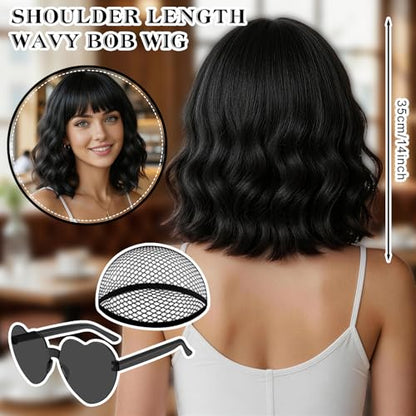 Black Wavy Bob Wig with Heart Glasses for Women, Neon Party Hair Replacement Curly Synthetic Wigs Shoulder Length Hair with Hair Cap for Costume Cosplay Bachelorette Party Birthday Fashion Show - color: Black