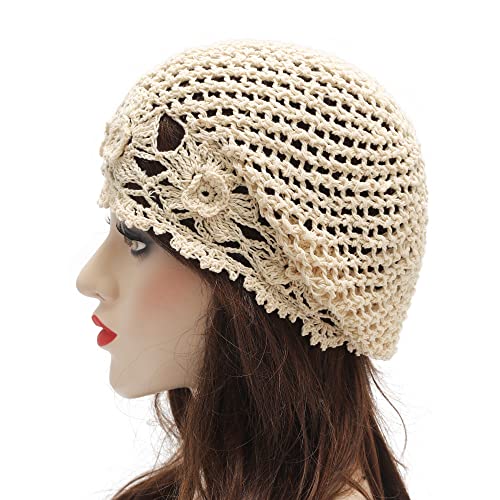 ZLYC Women Cotton Crochet Slouchy Beanie Hat Handmade Knit Summer Skull Cap | Lightweight breathable,boho casual chic look,travel photos festival party,café commute daily wear,beach concert gathering - color: Flowers Beige