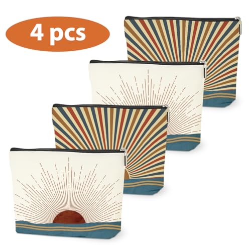 4PCS Sunshine Makeup Bag, Boho Gifts for Women, Natural Linen Zipper Pouch | Sunlight Rays Nature Best Sunshine Gifts for Girls Sister Travel Boho Cosmetic Bag - color: Multicolor 0096