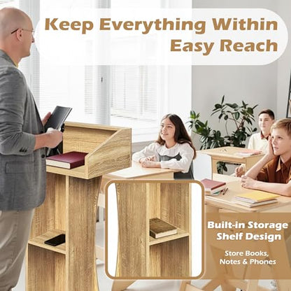 Podium Stand with Lockable Wheels,47"H Wooden Podium for Classroom, Mobile Pulpit Lectern with 3 Storage Shelves for Church, Office,Conference Room (White Oak) - color: White Oak
