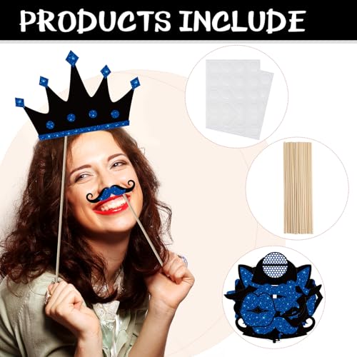 Zonon 24 Pcs Photo Booth Props Set Black Gold Birthday,Blue and Black | Props on Sticks for Wedding, Reunion, Prom, Includes Mustache, Hats, Glasses, Ties, Lips, Crowns, Fun Party Accessories - color: Blue and Black