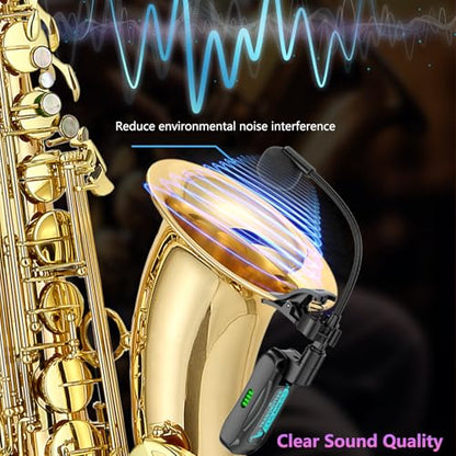 Wireless Saxophone Microphone System, High-Resolution 24- bit/44.1kHz Audio 2.4GHz Clip on Instrument Microphone Suitable for Brass (Trumpet, Trombone, Tuba, Cornet ), Low Latency Wireless Mic