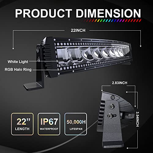Lpteso RGBW Curved LED Light Bar 22Inch 120W Flood Spot Combo Beam 2PCS 4 Inch 18W Flood RGB LED Pods with 16 Solid Colors Chasing RGB Halo Ring Changing with Strobe Flashing with Rocker Switch Wiring - size: 22Inch RGB Curved LED Light Bar