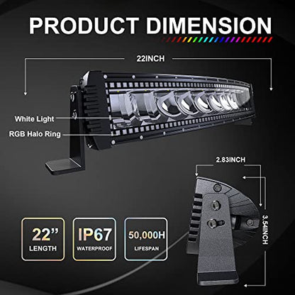 Lpteso RGBW Curved LED Light Bar 22Inch 120W Flood Spot Combo Beam 2PCS 4 Inch 18W Flood RGB LED Pods with 16 Solid Colors Chasing RGB Halo Ring Changing with Strobe Flashing with Rocker Switch Wiring - size: 22Inch RGB Curved LED Light Bar