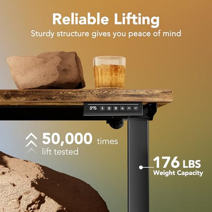 HUANUO 40x24 Inch Electric Standing Desk, Height Adjustable, Rustic Brown | 176 Lbs Capacity, Smooth Home Office Desk, 4 Memory Presets & Headphone Hooks, 28.3–46.5 Inch Height Range, Easy to assemble - color: Rustic Brown, size: 40" X 24"