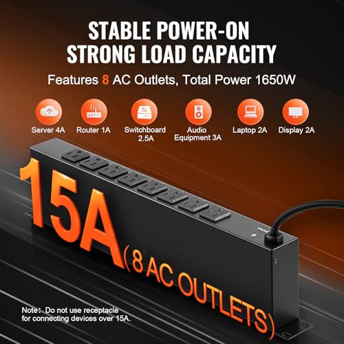 VEVOR 8 Outlet Horizontal 1U Rack Mount PDU Power Strip for Network Server Racks, Surge Protection & Overload Protection, 110-125V/15A, with 6ft 14AWG Power Cord - style: 8 Outlet-Individual Switches