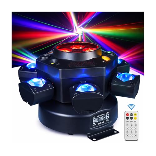 150W 6-Arm Spider Bee-Eye Moving Head LED DJ Light | 4-in-1: 6 moving RGBW beams, 4 center bee-eye wash lights, R/G starry laser, white/amber strobe, sound active, 24CH DMX