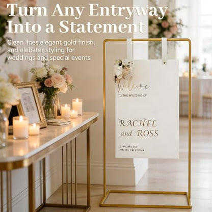 Wedding Welcome Sign Stand, Adjustable 50/68 Inch Metal Sign Holder, Gold | Overall size 68 x 31 x 20 in; ideal for seating charts, bridal showers, baby showers, graduations and ceremony entrances.