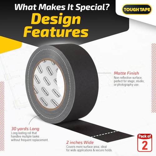 Matte Black Gaffers Tape 2 Inch x 30 Yards - Professional Grade, Weather & Water Resistant, Durable No Residue Gaff Tape - Easy Tear Grip for Cable, Floors & AV Gear (2Pack)