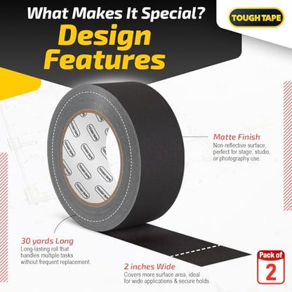 Matte Black Gaffers Tape 2 Inch x 30 Yards - Professional Grade, Weather & Water Resistant, Durable No Residue Gaff Tape - Easy Tear Grip for Cable, Floors & AV Gear (2Pack)