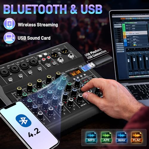 6-Channel Audio Mixer for Beginners, Easy Setup DJ Mixer with Bluetooth, USB/MP3 Sound Card, DSP Effects & 48V Phantom Power, Compact Mixing Console for Karaoke, Podcast & Streaming