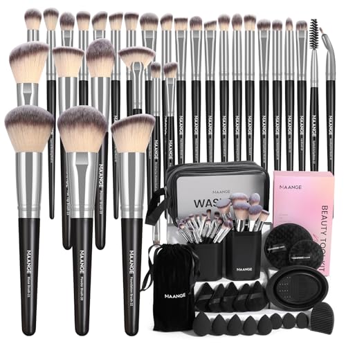 MAANGE Makeup Brush Set 51 PCS Professional Makeup Brushes for Foundation Powder Concealers Eye shadows Blending Blush Travel Make up Brush Kit (Black Silver) - color: Black Silver