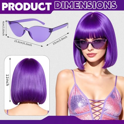Short Bob Straight Hair Wigs with Bangs, Heat Resistant Fiber Hair, Cat Eye Glasses for Women (Purple) - color: Purple